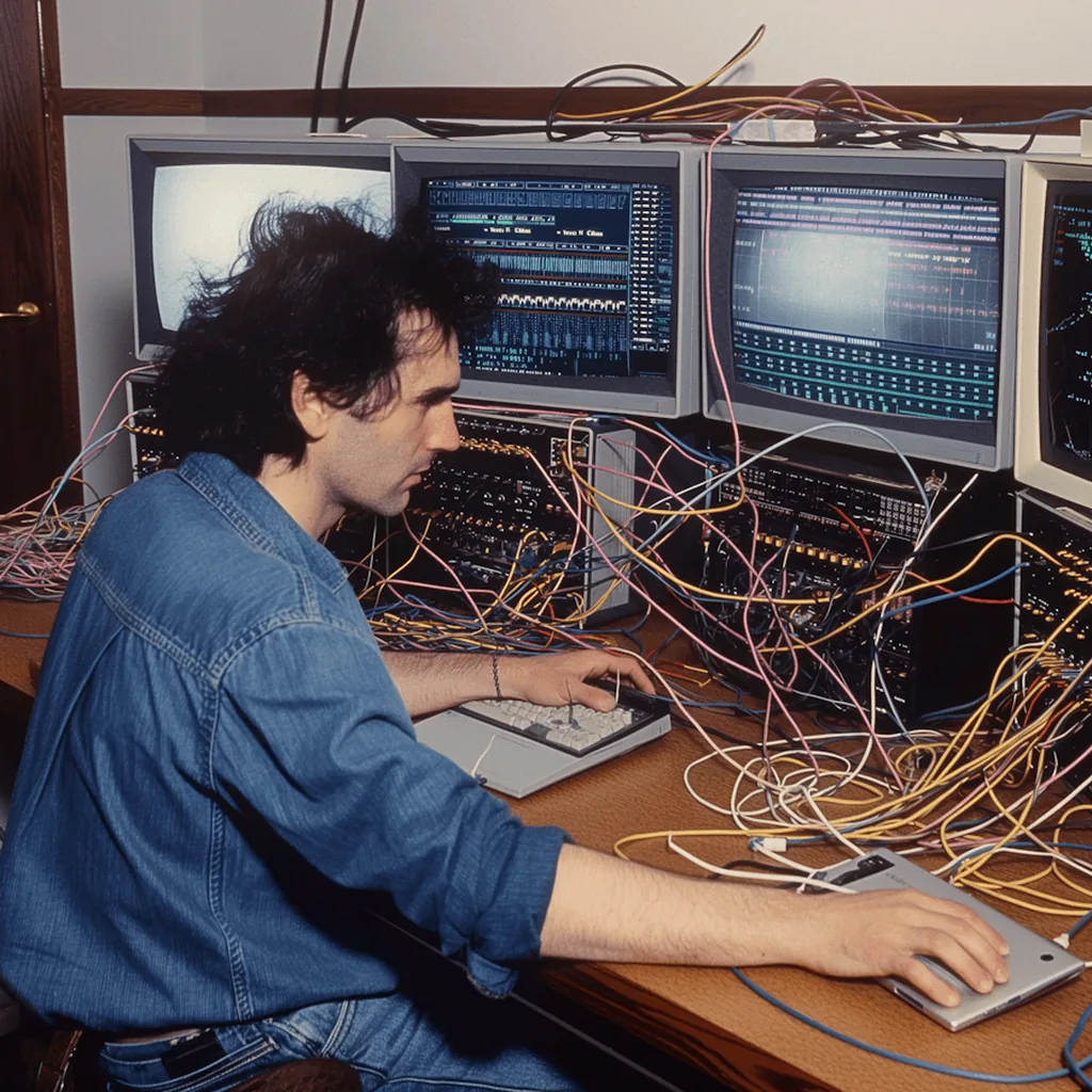 A man with dark curly hair types at a desk of old monitors and rack equipment tangled in colored cables.