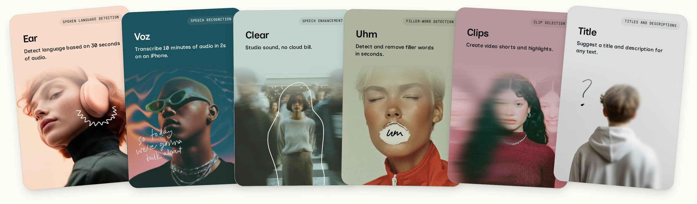 The six Desert Ant model cards used in Auto Edit: Ear, Voz, Clear, Uhm, Clips, and Title.