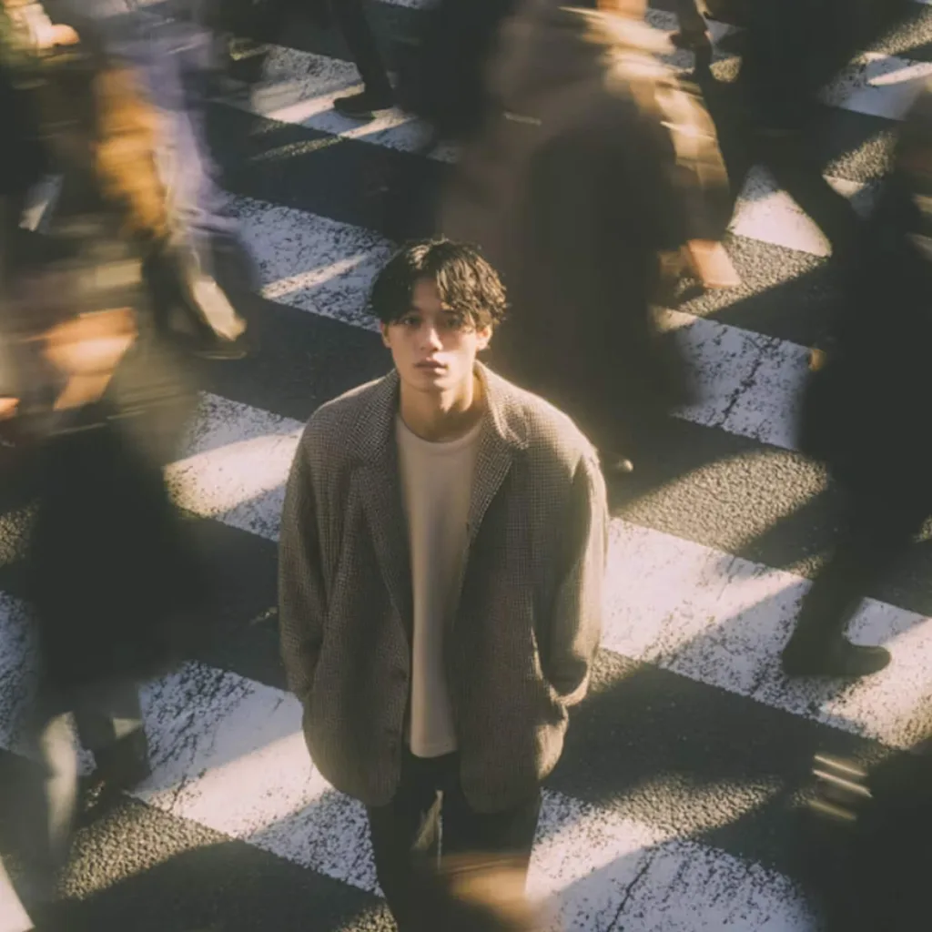 Seen from above, a young man in a long coat stands still on a crosswalk while a crowd blurs past him.